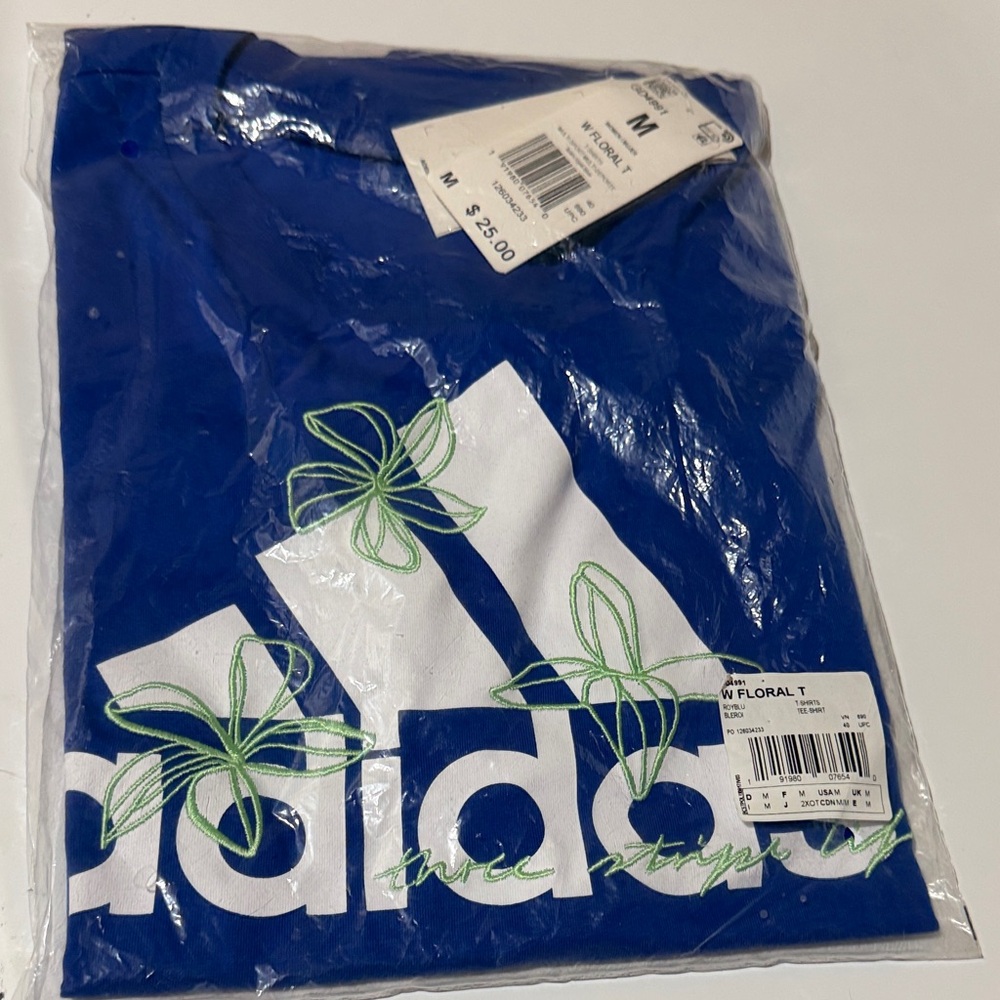 adidas Royal Blue Tee with White Logo and Neon Green Floral
